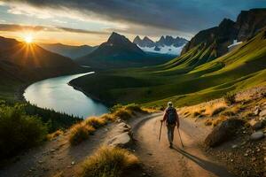 un hombre camina a lo largo un camino en el montañas. generado por ai foto