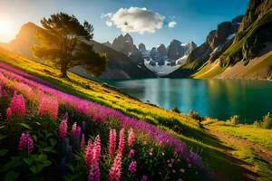 the sun shines on a lake and flowers in the foreground. AI-Generated photo