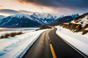 a road in the snow with mountains in the background. AI-Generated photo