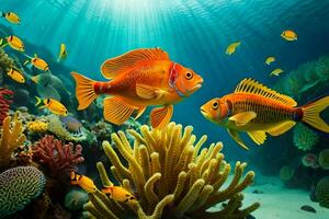 two orange fish swimming in the ocean with coral. AI-Generated photo