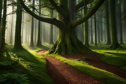 a path through a forest with a tree in the middle. AI-Generated photo