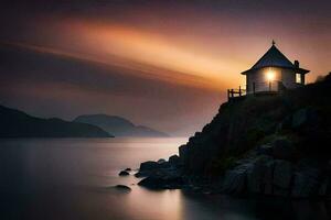a lighthouse sits on top of a cliff overlooking the ocean. AI-Generated photo