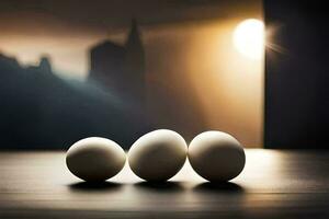 three eggs on a table in front of a cityscape. AI-Generated photo