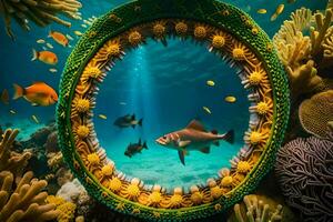 a circular mirror with fish in it. AI-Generated photo