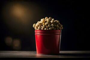 a red bucket filled with peanuts on a table. AI-Generated photo