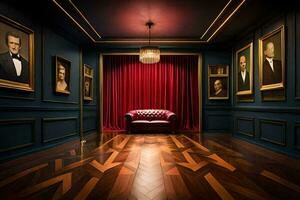 a room with a red chair and paintings on the walls. AI-Generated photo