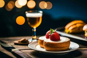 a plate with a strawberry and a glass of beer. AI-Generated photo