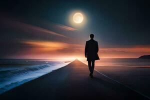 a man walks along the beach at night with a full moon in the background. AI-Generated photo