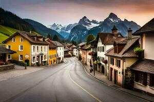 a street in the alps with mountains in the background. AI-Generated photo