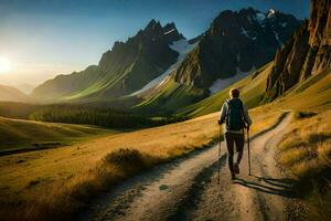 a man with backpacks walking on a dirt road in the mountains. AI-Generated photo