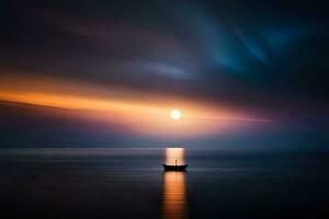 a boat is floating in the ocean at sunset. AI-Generated photo