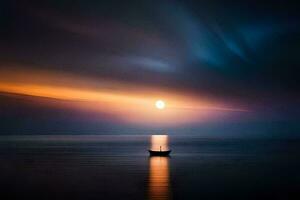 un barco es flotante en el Oceano a puesta de sol. generado por ai foto