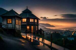 un casa en el colina a puesta de sol. generado por ai foto