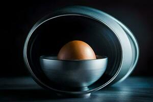 an egg in a metal bowl on a dark background. AI-Generated photo