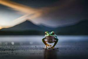 a frog is standing on the ground in front of a lake. AI-Generated photo