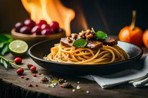 spaghetti with meat and vegetables in a bowl. AI-Generated photo