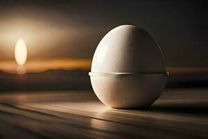 un huevo sentado en un mesa con un vela en el antecedentes. generado por ai foto