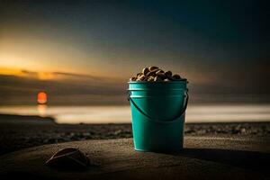 un Cubeta de nueces en el playa a puesta de sol. generado por ai foto