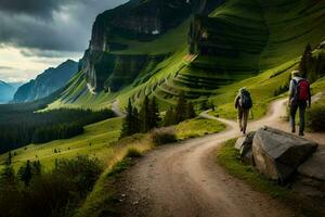 two people walking on a dirt road in the mountains. AI-Generated photo