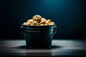 a bucket filled with walnuts on a dark background. AI-Generated photo