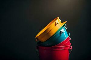 a stack of colorful buckets on a black background. AI-Generated photo