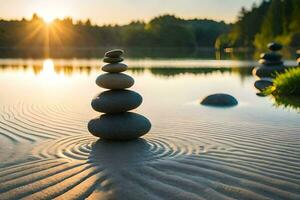 a stack of stones in the water at sunset. AI-Generated photo