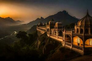 the sunset over the mountains and the palace. AI-Generated photo