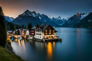 a house sits on the edge of a lake at dusk. AI-Generated photo