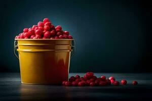 a bucket filled with raspberries on a dark table. AI-Generated photo