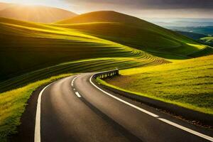 a road winding through the hills at sunset. AI-Generated photo