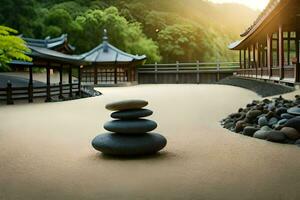 a japanese garden with stones and a pagoda. AI-Generated photo