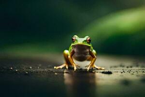 a frog is standing on the ground with a dark background. AI-Generated photo