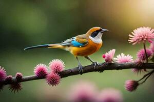 a bird sitting on a branch with pink flowers. AI-Generated photo