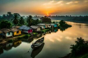 a boat is docked in front of a river with houses on the shore. AI-Generated photo