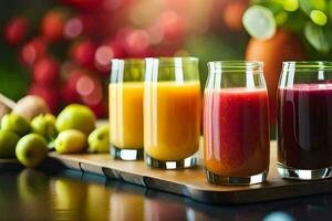 five glasses of juice on a wooden tray. AI-Generated photo