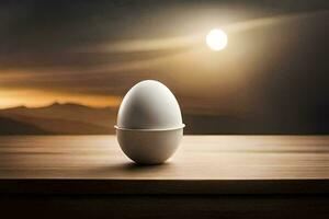 an egg sitting on a table in front of a sunset. AI-Generated photo