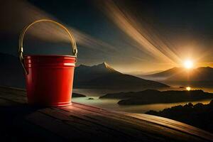 a red bucket on a wooden table with a sunset in the background. AI-Generated photo