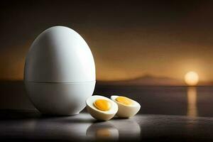 an egg and two halves are sitting on a table. AI-Generated photo