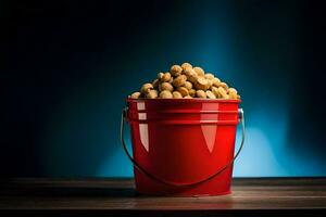 a red bucket filled with peanuts on a table. AI-Generated photo