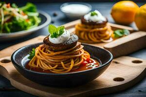 spaghetti with meatballs and salad on a wooden table. AI-Generated photo