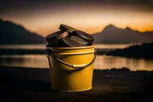 un Cubeta de chocolate en el playa a puesta de sol. generado por ai foto