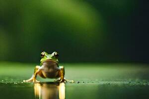 un rana sentado en el agua superficie con un verde antecedentes. generado por ai foto