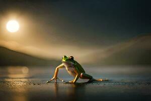 a frog is standing on the ground in front of a full moon. AI-Generated photo