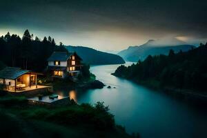 photo wallpaper the sky, mountains, lake, house, the house, the lake, the mountains. AI-Generated