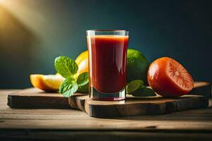 a glass of juice with a tomato and an orange. AI-Generated photo