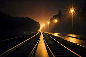 un tren pista a noche con luces brillante en él. generado por ai foto