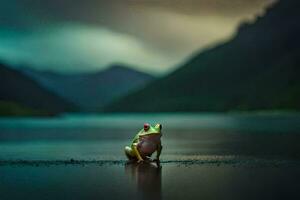 a frog sitting on the edge of a lake in front of mountains. AI-Generated photo