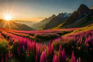 the sun rises over the mountains and flowers in the foreground. AI-Generated photo