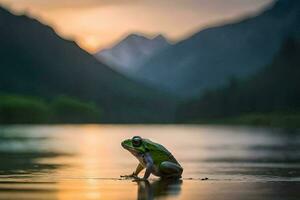 a frog sitting on the edge of a lake at sunset. AI-Generated photo