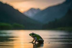 un rana sentado en el borde de un lago a puesta de sol. generado por ai foto